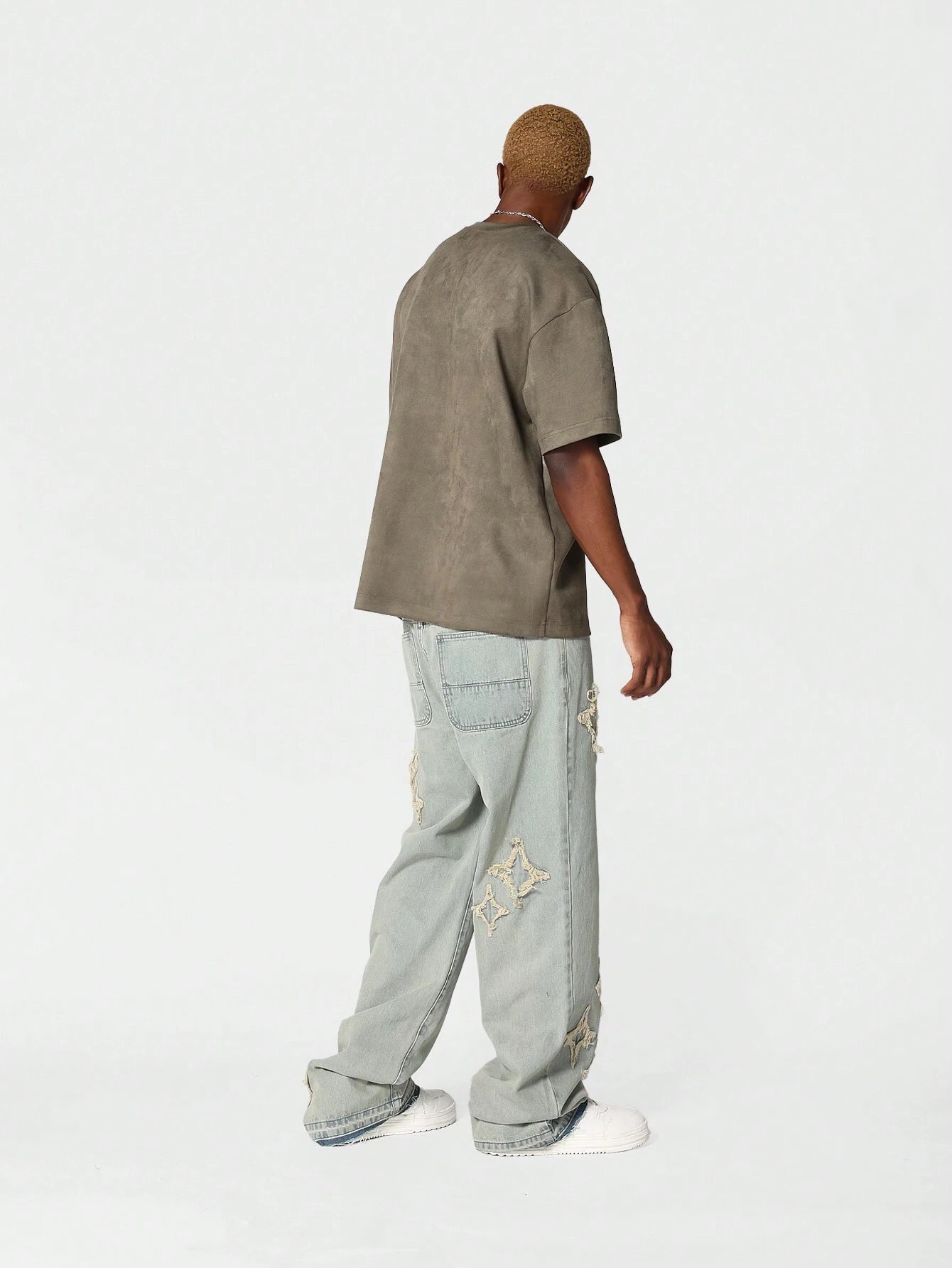 Calça DROPSTREET Denim Solto com Aplicação Stars