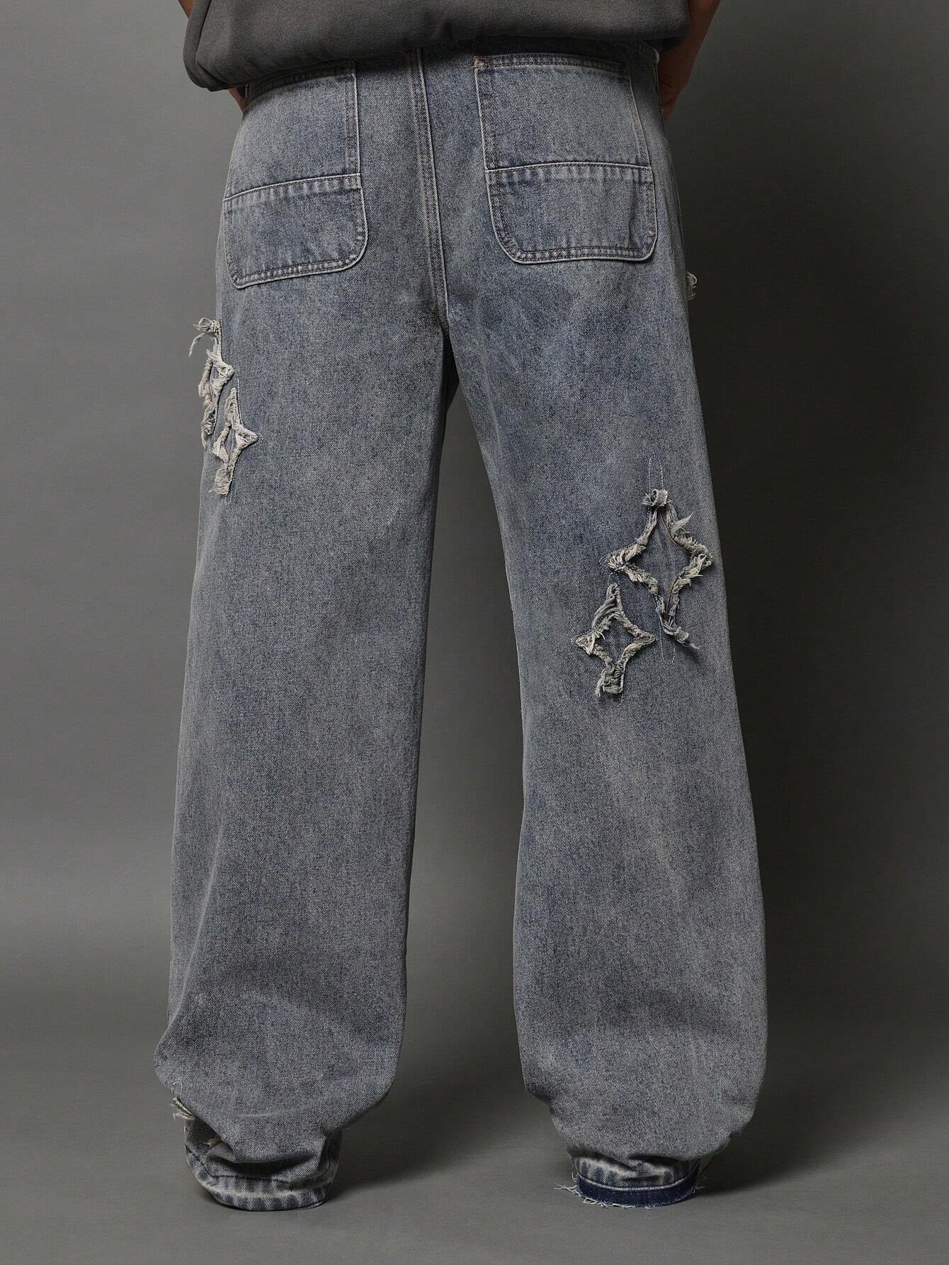 Calça DROPSTREET Denim Solto com Aplicação Stars