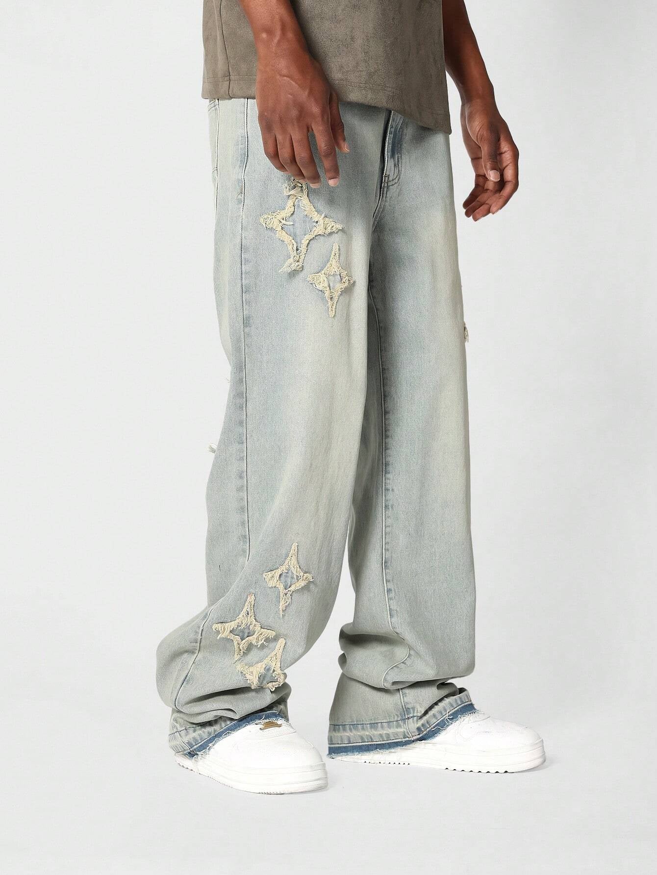 Calça DROPSTREET Denim Solto com Aplicação Stars
