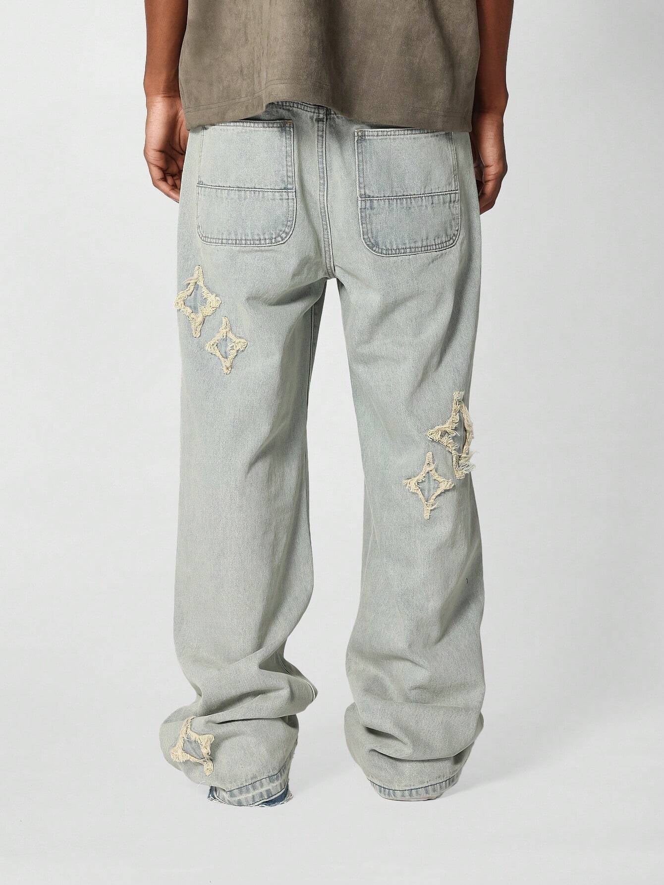 Calça DROPSTREET Denim Solto com Aplicação Stars