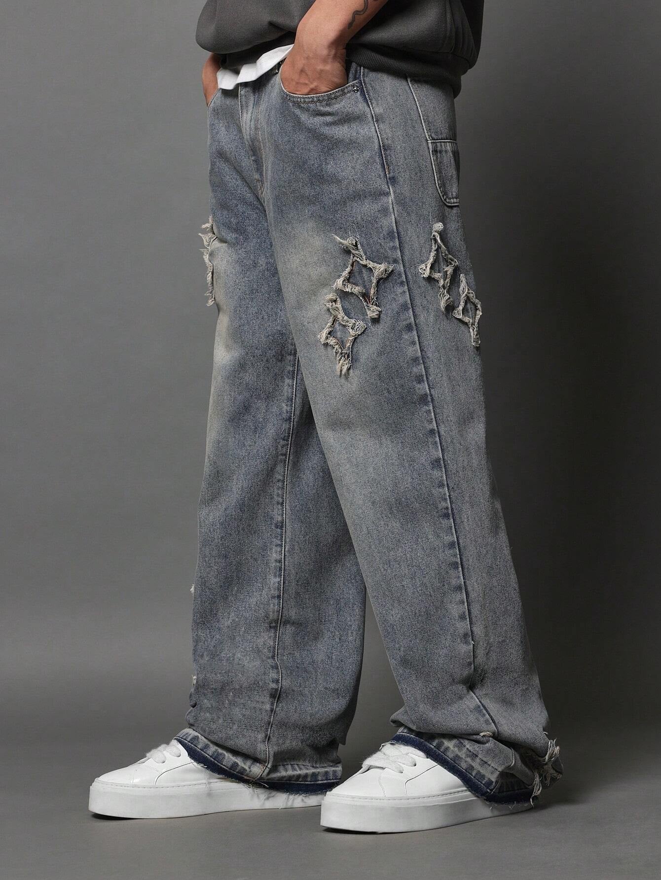 Calça DROPSTREET Denim Solto com Aplicação Stars