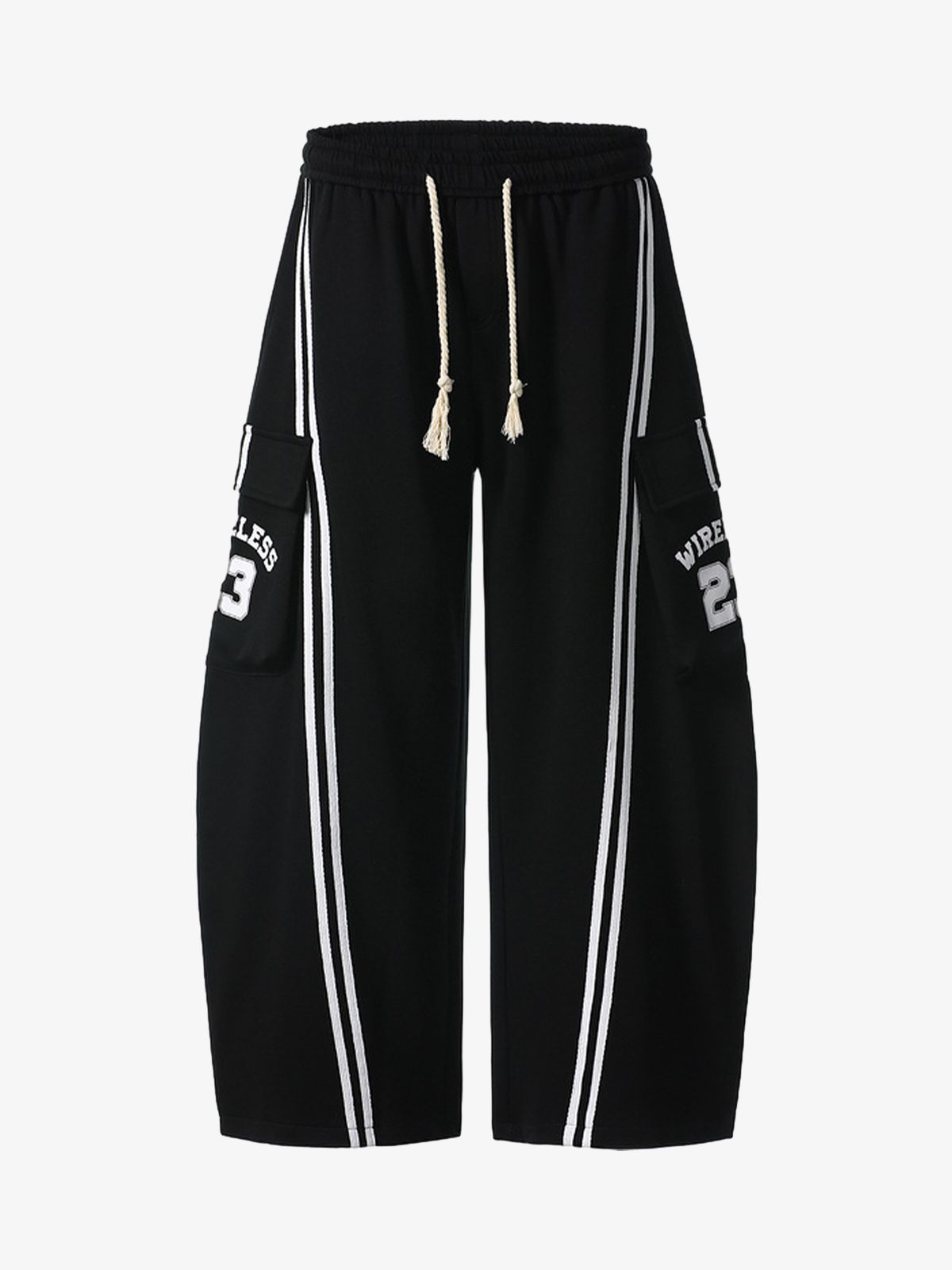 Web Stitching Letter Print Drawstring Barrel Pants