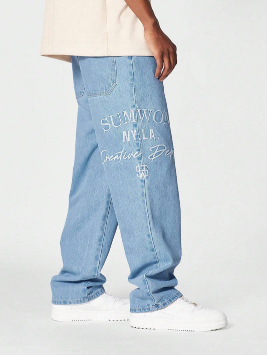 Calça  DROPSTREET Denim reta com bordado